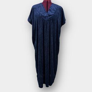 Vanity Fair One Size Blue Velour Caftan Long Kimono Sleeve V Neck Textured Maxi